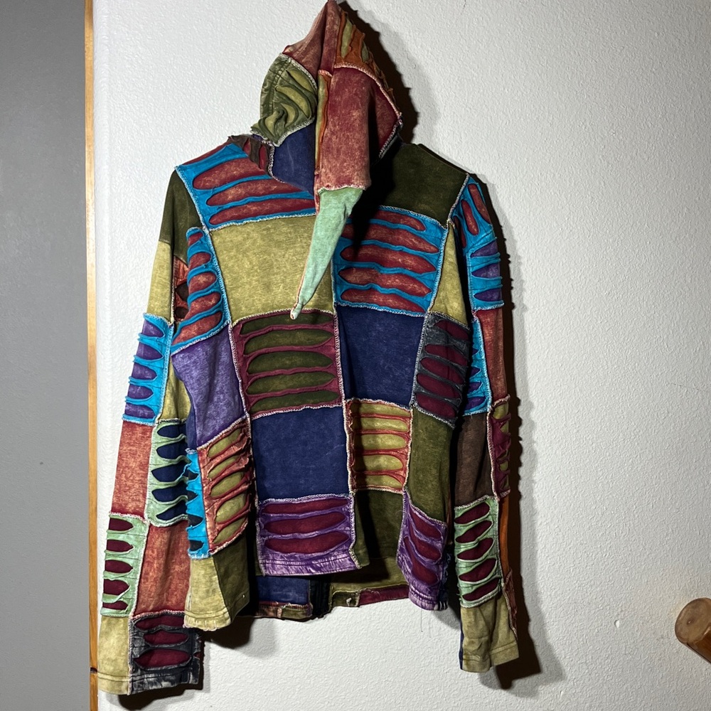 KPC Colorful Boho Gypsy Patchwork Zip Jacket Liripipe Style Hood & Front Pockets - Picture 3 of 8